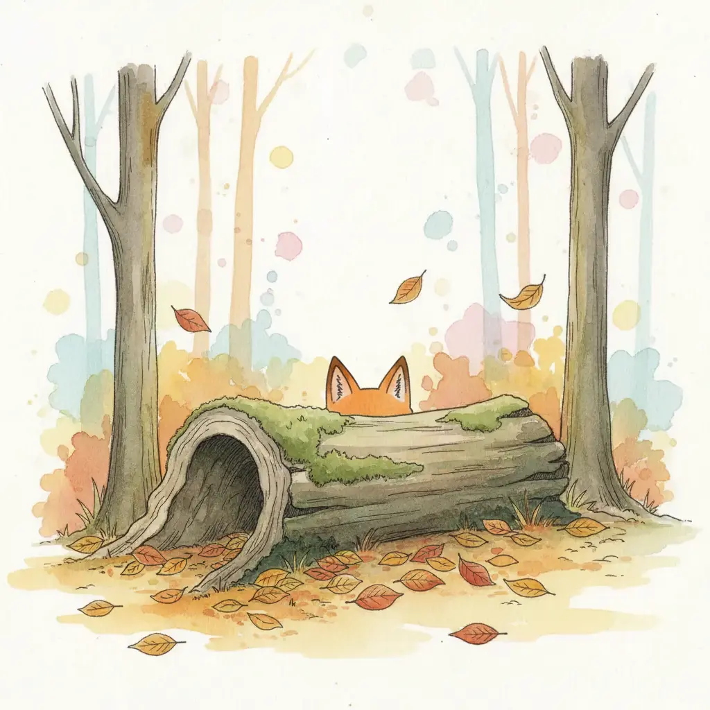 Dos orejas naranjas asoman por encima de un tronco caído en el bosque.