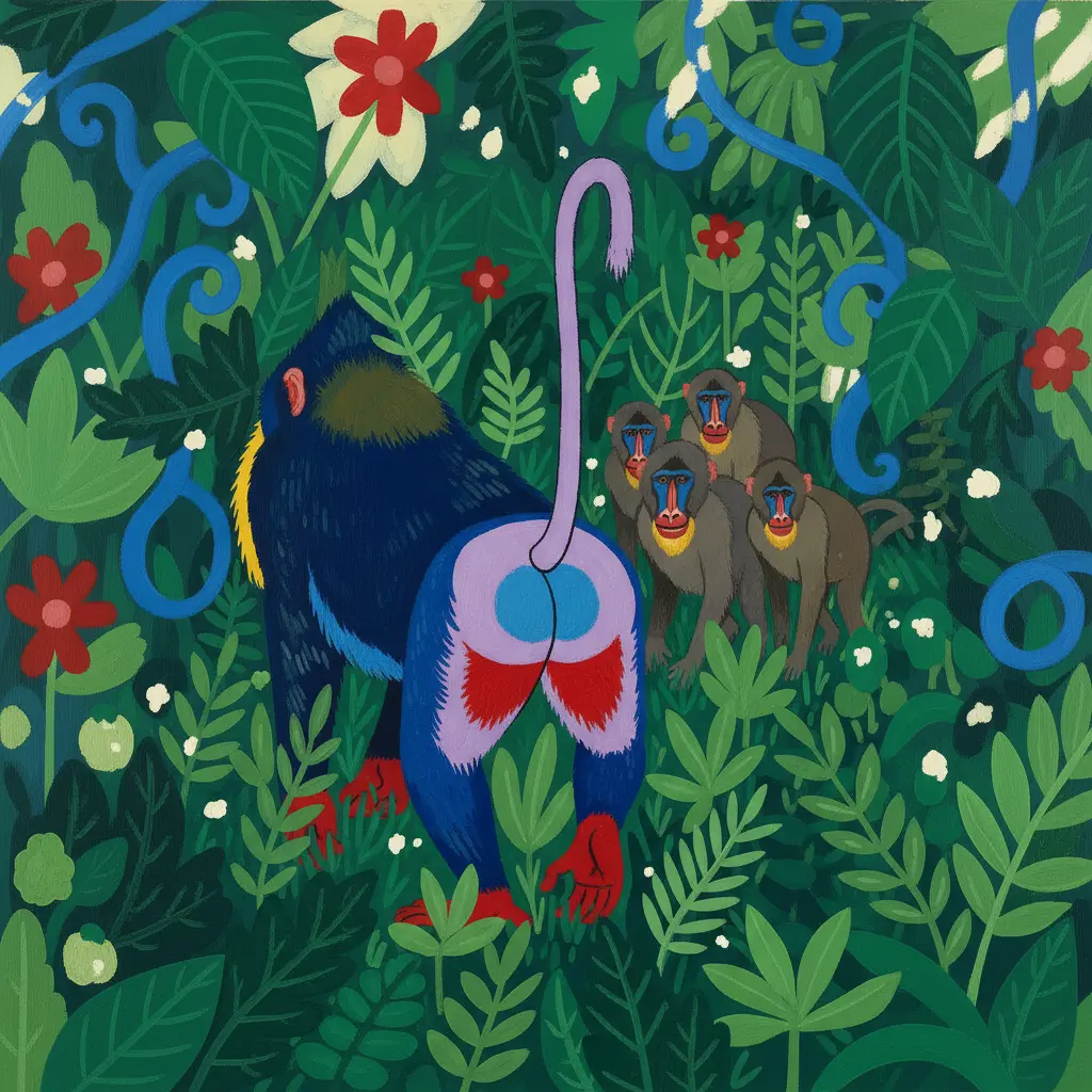 El mandril camina de espaldas mostrando su cola colorida mientras otros lo siguen.