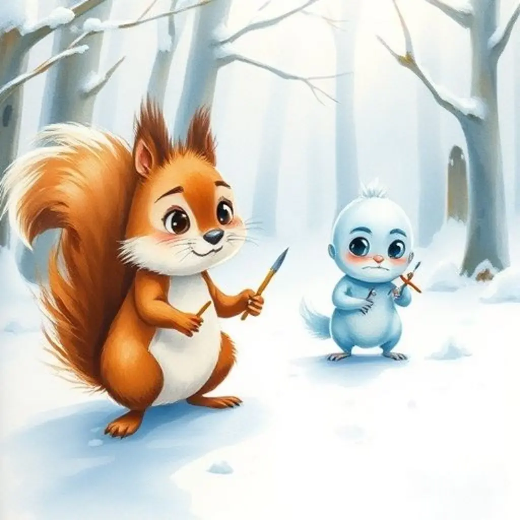 Blanquito se esfuerza por pintar en el viento mientras Chispita, la ardilla, tiembla de frío a su lado.