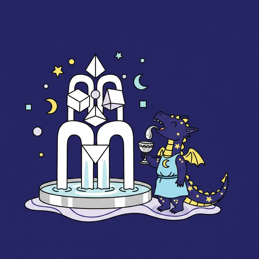 Lyra bebiendo una gota de luz plateada de una fuente geométrica.