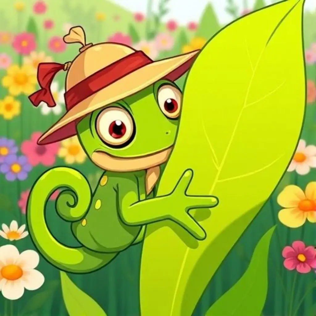 Camu el camaleón descubriendo sus colores en una hoja.