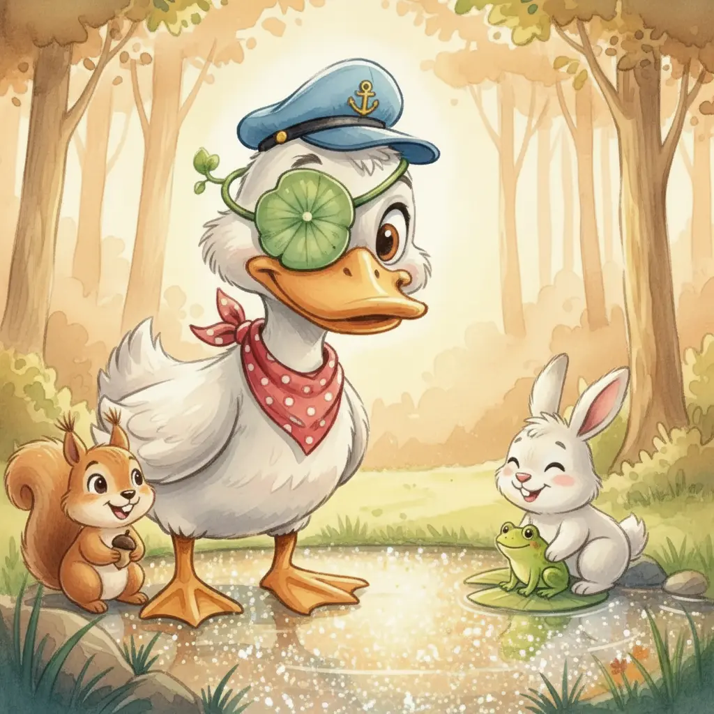 Capitán Pata-Pato y sus amigos animales disfrutan de un gran charco brillante, celebrando su amistad.