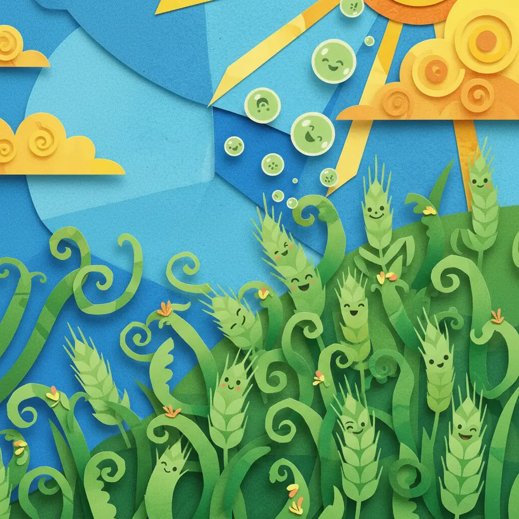 Los tallos de trigo ríen a carcajadas, vibrando y moviéndose con pequeñas burbujas de risa verde.