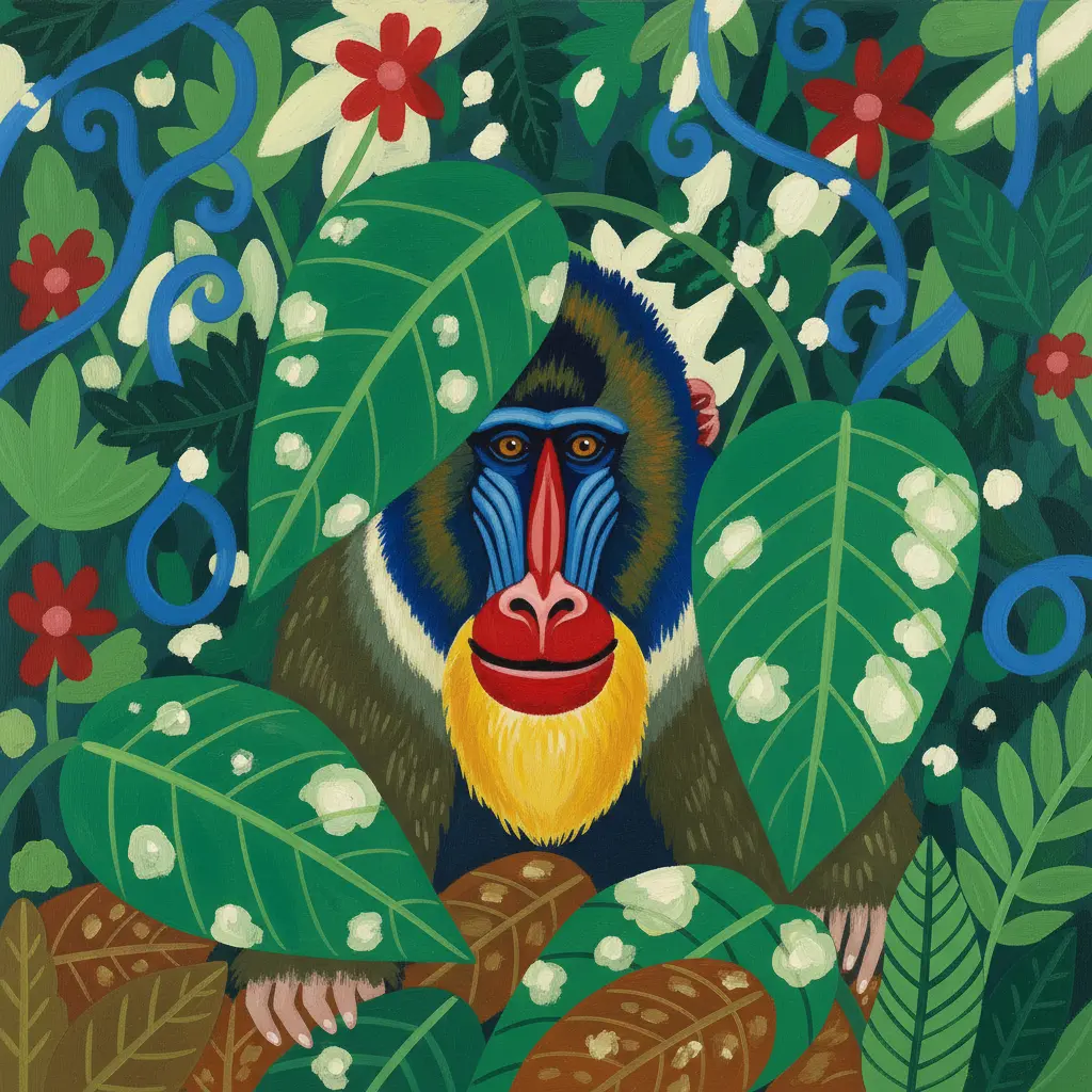 Un mandril de colores brillantes saliendo de entre las plantas de la selva.