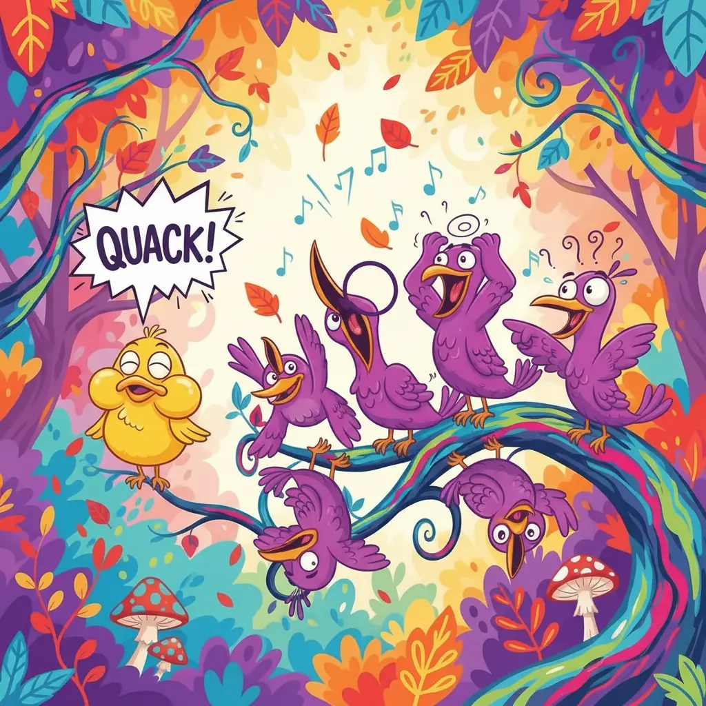 Hojas de los árboles cayendo de la risa mientras los pájaros hacen un concierto caótico y divertido.