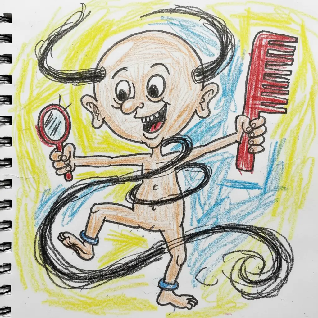 Un niño con cabeza muy grande estira su único y larguísimo pelo con un peine rojo gigante.