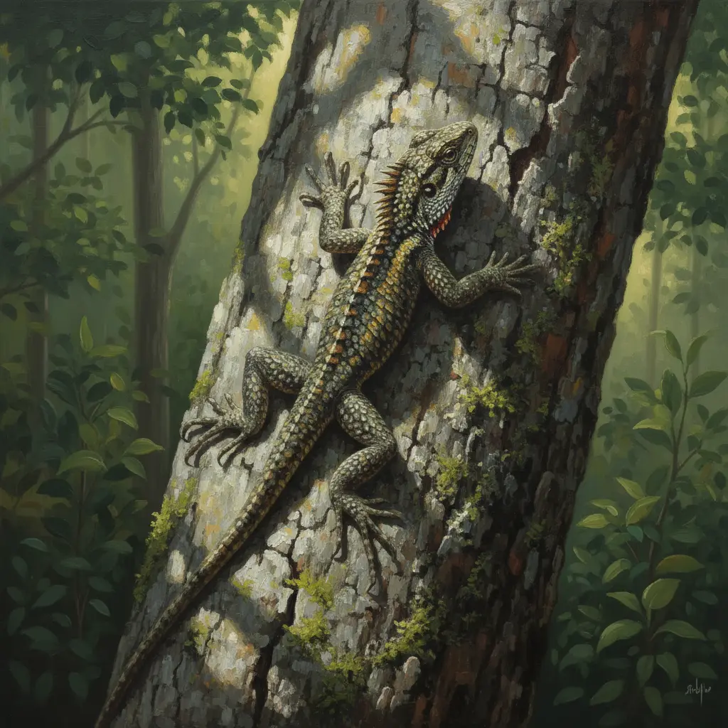 Un lagarto pequeño y delgado camuflado perfectamente en el tronco gris de un árbol.