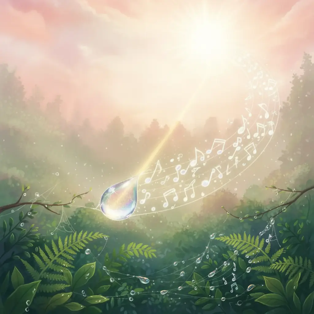 Un rayo de sol cae sobre una gota de rocío en una telaraña, que brilla y emite una suave onda de luz.