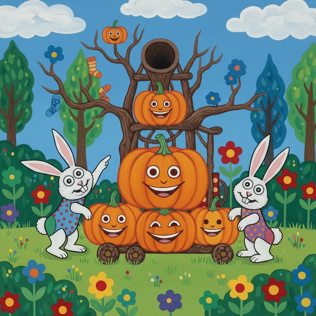 Un grupo de conejos curiosos y juguetones alrededor de una máquina extraña hecha de calabazas y ramas.