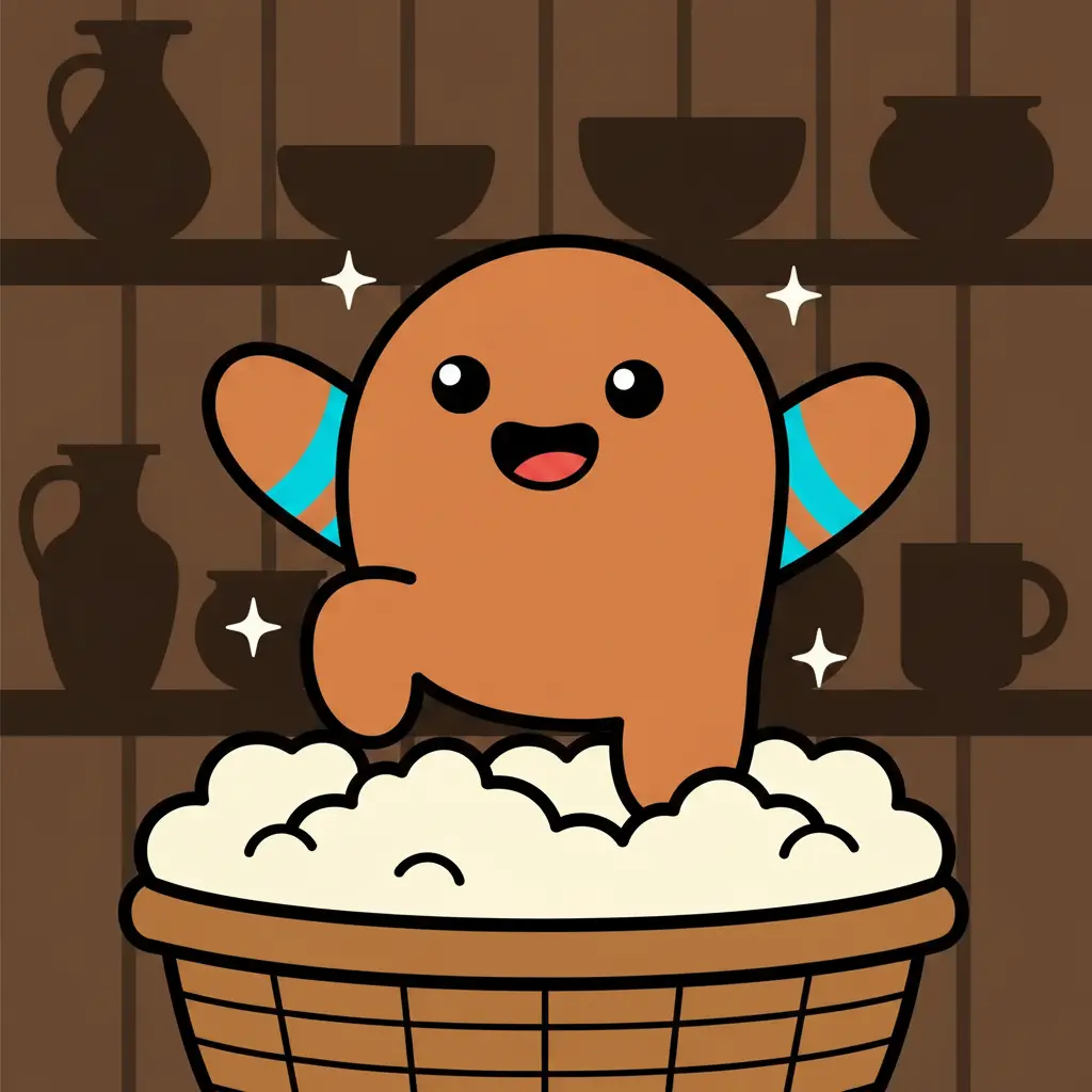 Gobo salta dentro de una cesta llena de lana blanca y esponjosa.