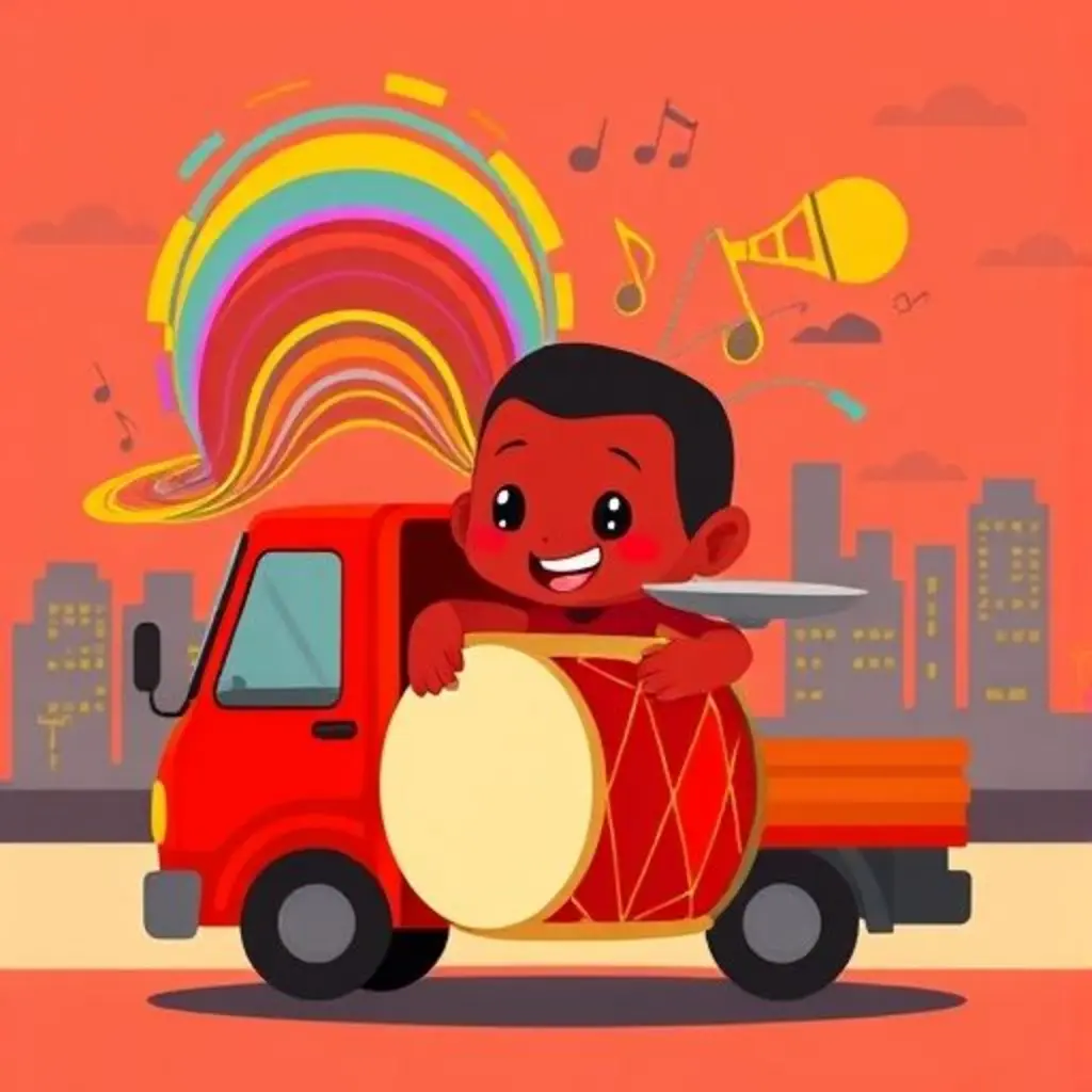 Tumbita toca feliz su tamboril dentro del camión, creando una sinfonía urbana de colores y formas.