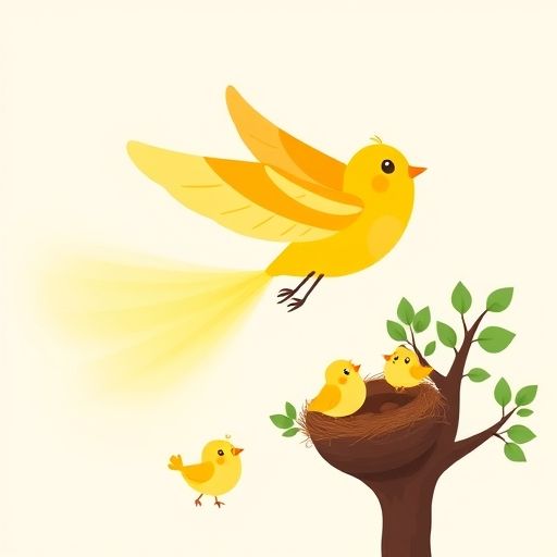 Luciérnaga Brilla, brillando fuerte, guía a los pajaritos felices hacia su nido en un árbol.