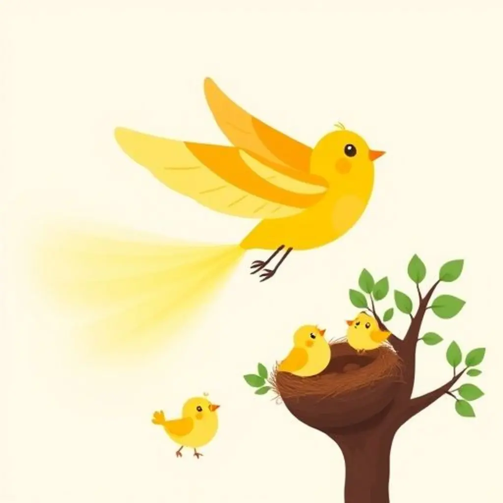 Luciérnaga Brilla, brillando fuerte, guía a los pajaritos felices hacia su nido en un árbol.