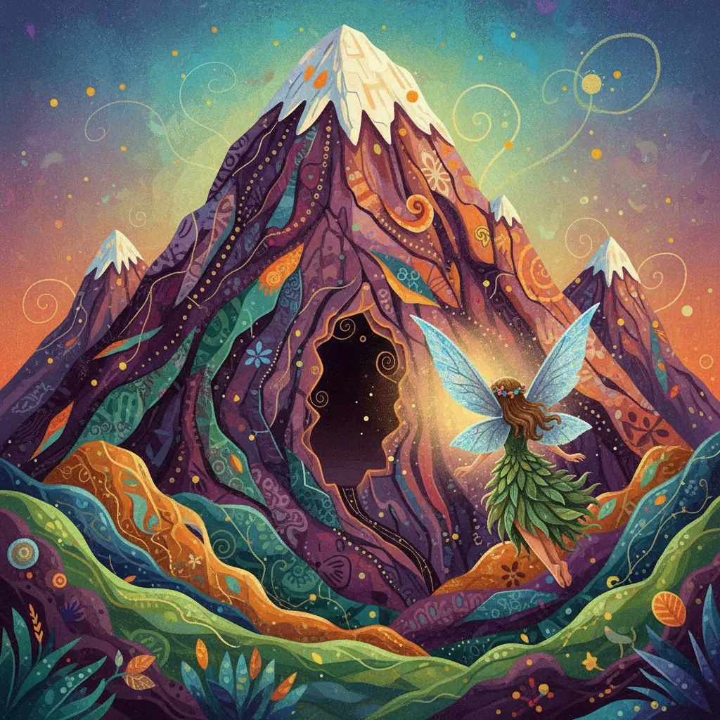 Lira el hada observa asombrada una montaña que se abre, revelando un pasaje secreto oscuro y misterioso.