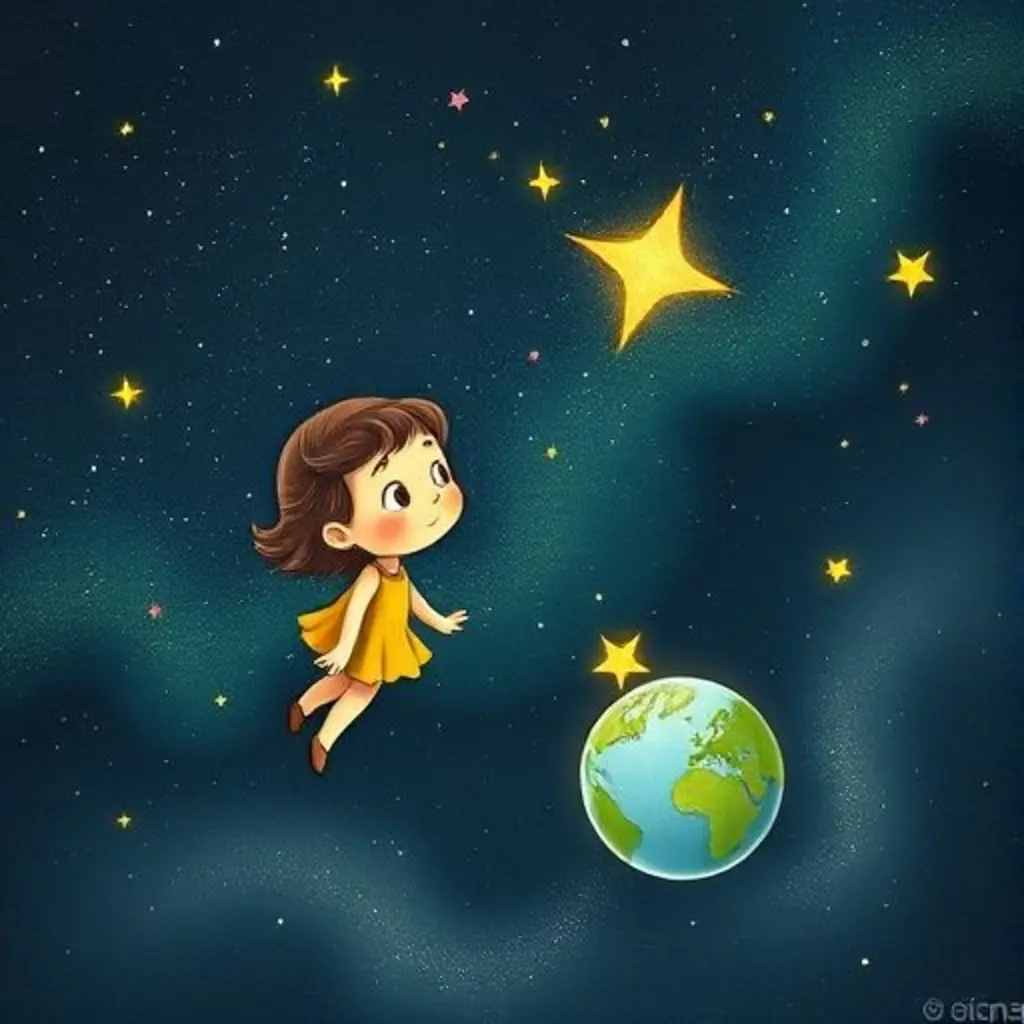 Estrellita Titín, una estrella brillante y multicolor, observa la Tierra con alegría.