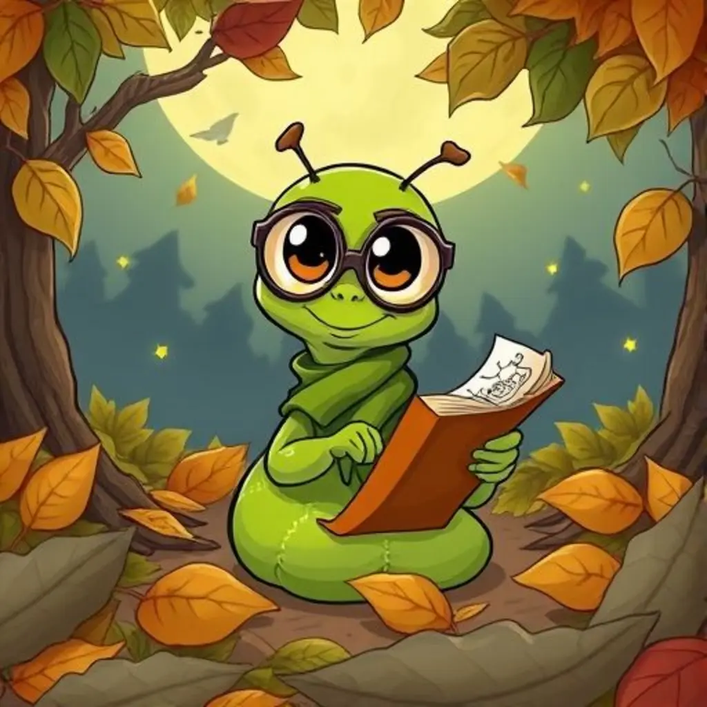 Pío el gusanito lector en su biblioteca de hojas, desenrollando una hoja bajo la luna.
