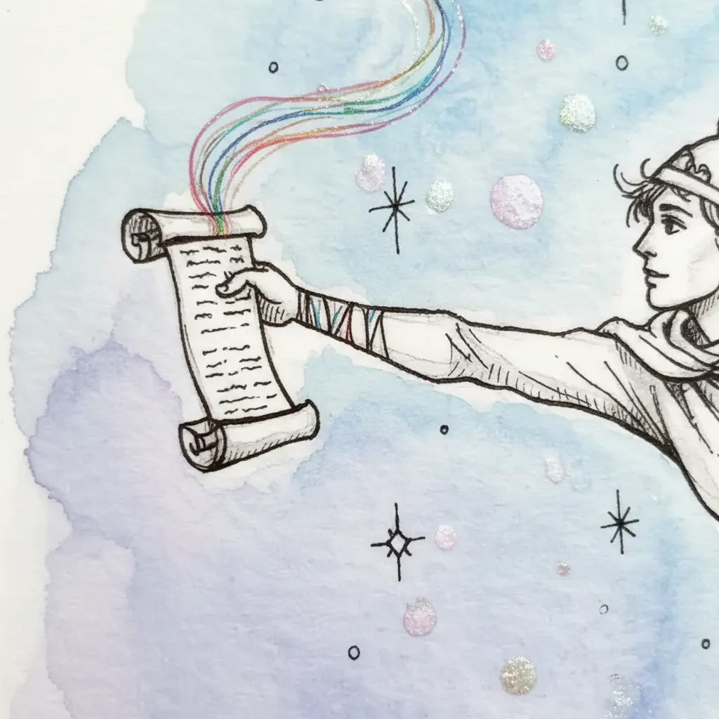 Una mano de Hermes sostiene un mensaje secreto, atado con hilos de arcoíris que brillan suavemente.