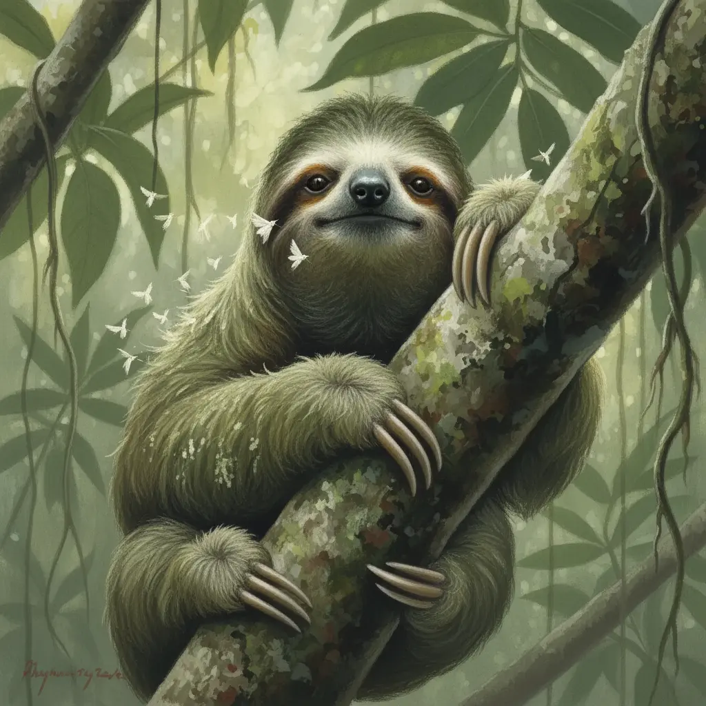 Un perezoso moviéndose mientras pequeñas polillas blancas salen volando de su pelaje verde.