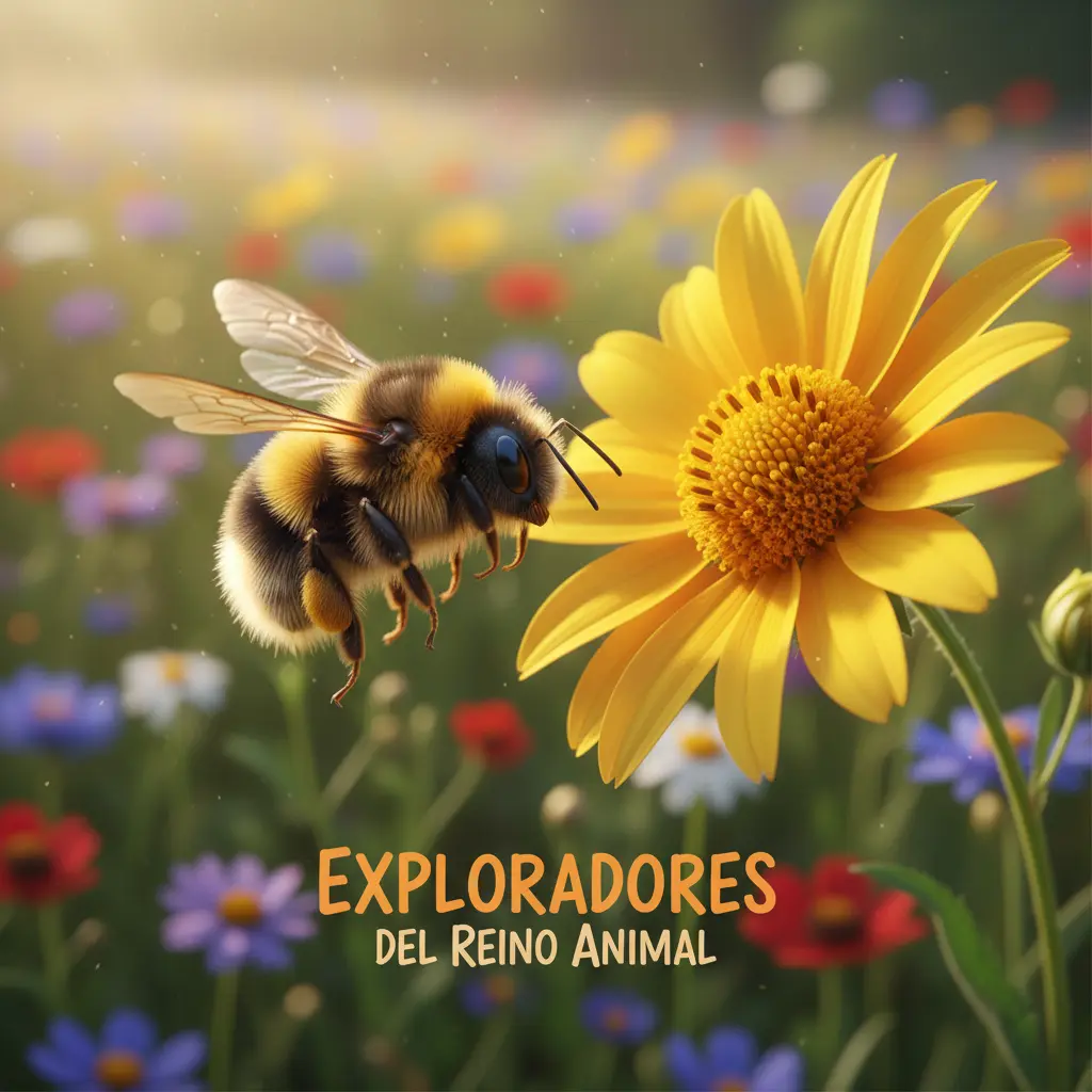 Una abeja pequeña y redonda, Zumbido, vuela suavemente en un campo de flores coloridas.