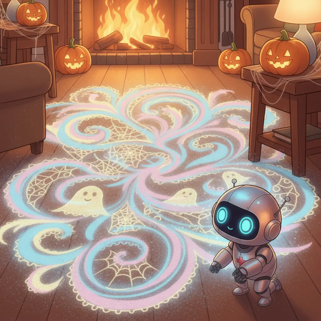 Una hermosa obra de arte abstracto hecha de polvo y colores adorna el suelo, mientras Aspirín la admira feliz.