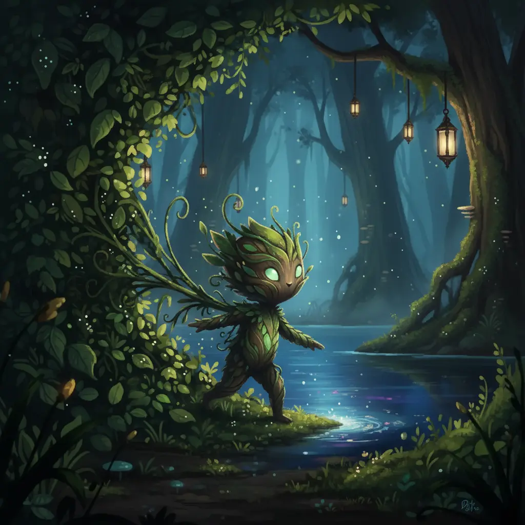 El espíritu de musgo se acerca a un lago brillante, saliendo de la oscuridad del bosque encantado.