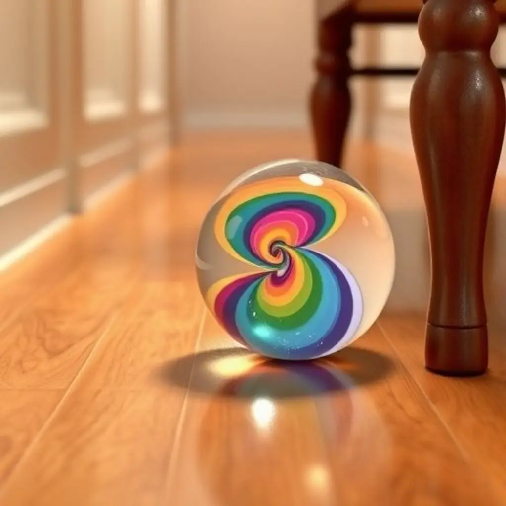 Gira, una canica brillante, rueda hacia la pata de una silla.