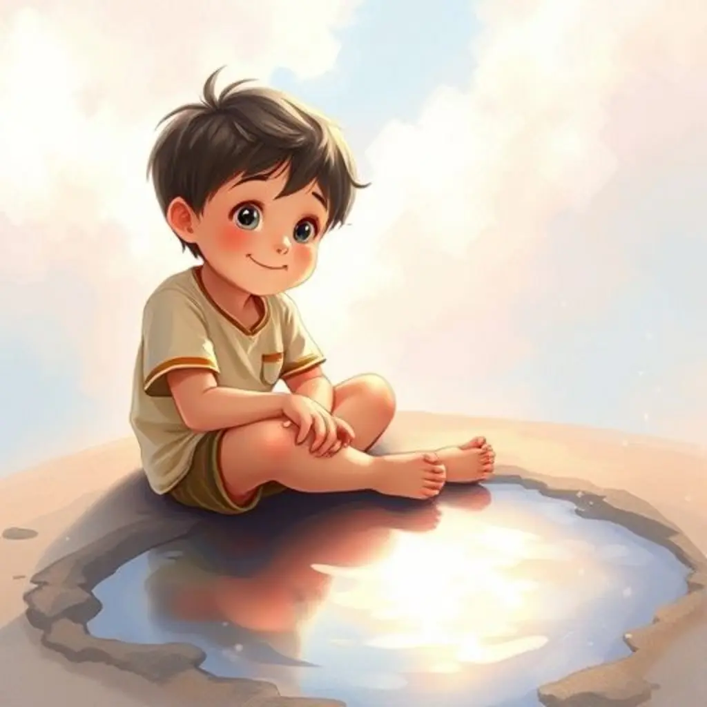 Leo sonríe contento junto al charco, aceptando la magia de las nubes de deseos.