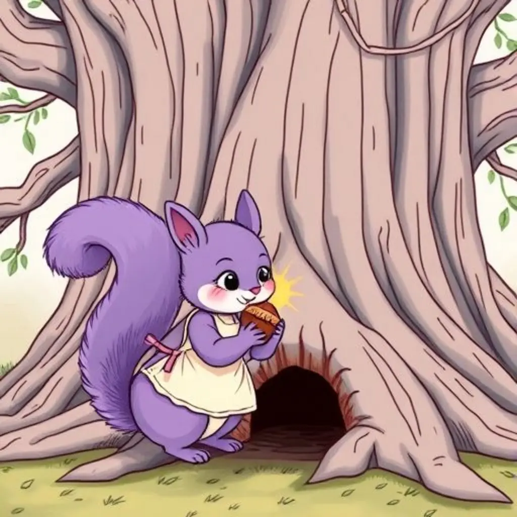 Ardilla Lila llevando una bellota brillante a su hogar en el roble.