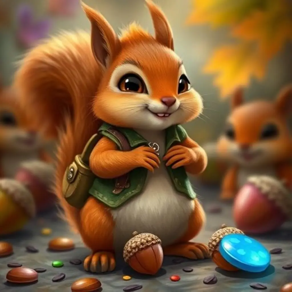 Nuez mostrando sus bellotas mágicas y un botón a sus amigos ardillas, con una sonrisa.
