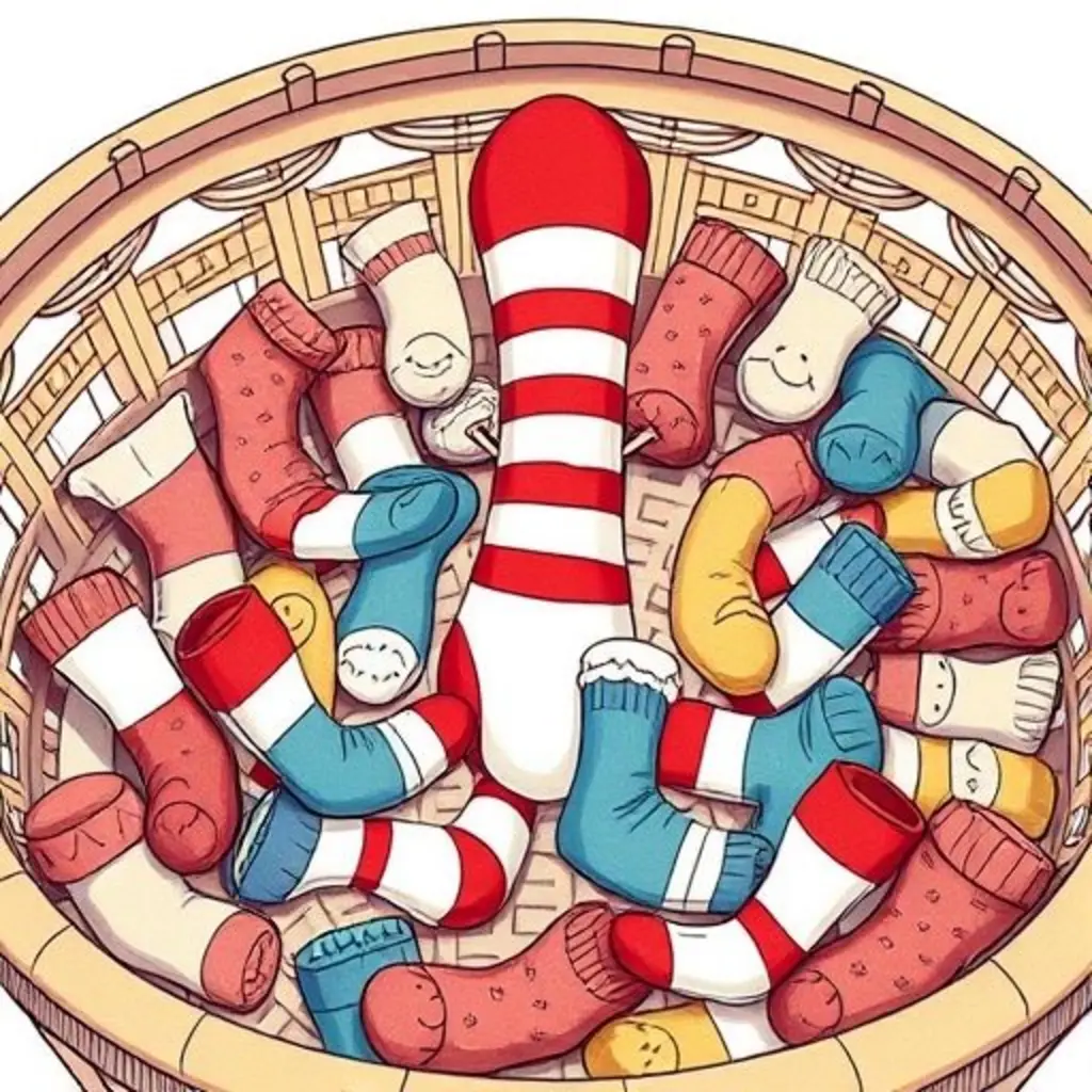 La cesta de la ropa sucia está ordenada con calcetines emparejados. Calcetín Saltarín está en el centro, feliz y orgulloso, rodeado de calcetines agradecidos.