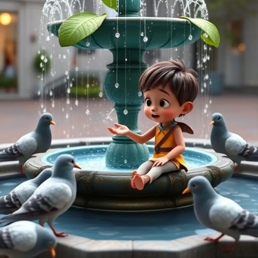Copilín derrama polvo de luna por accidente en la fuente, que empieza a brillar.