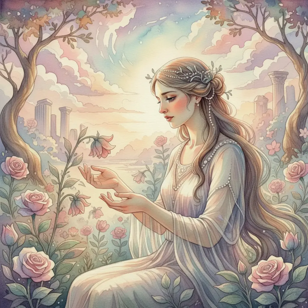 Afrodita, la diosa de la belleza, observaba sus flores favoritas con ternura y una pizca de melancolía.