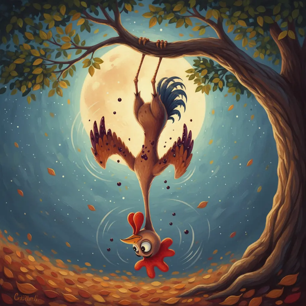 Piquifino colgado boca abajo de una rama, con sus alas manchadas de mora, en un intento divertido de ser murciélago.