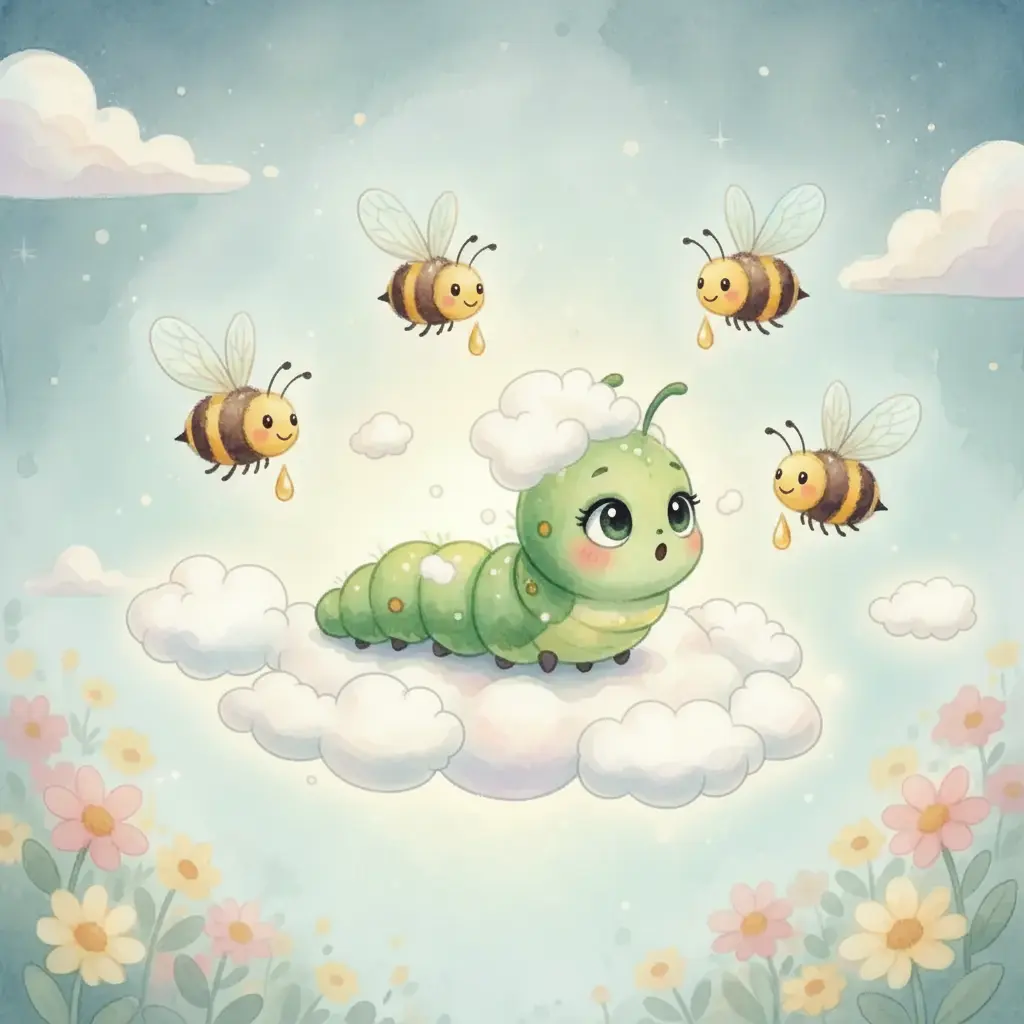 Celeste rodeada de pequeñas nubes y abejas curiosas.