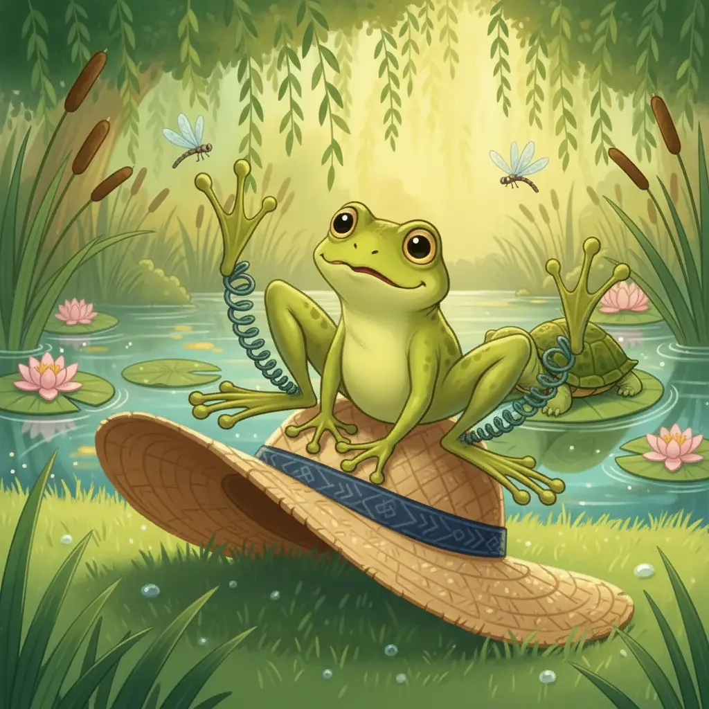 Sapo Saltarín aterriza sobre un sombrero de paja olvidado.