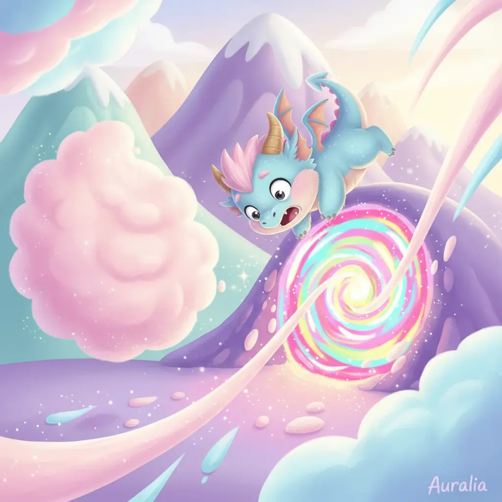 Un bebé dragón regordete, con escamas suaves, cae por accidente en un portal de colores que se abrió en una montaña juguetona. Una nube gigante de algodón de azúcar rosado flota cerca.