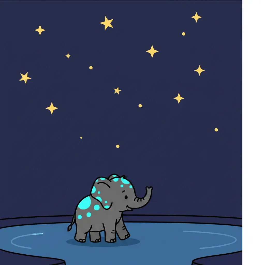 Un pequeño elefante gris con manchas brillantes camina hacia un lago bajo las estrellas.