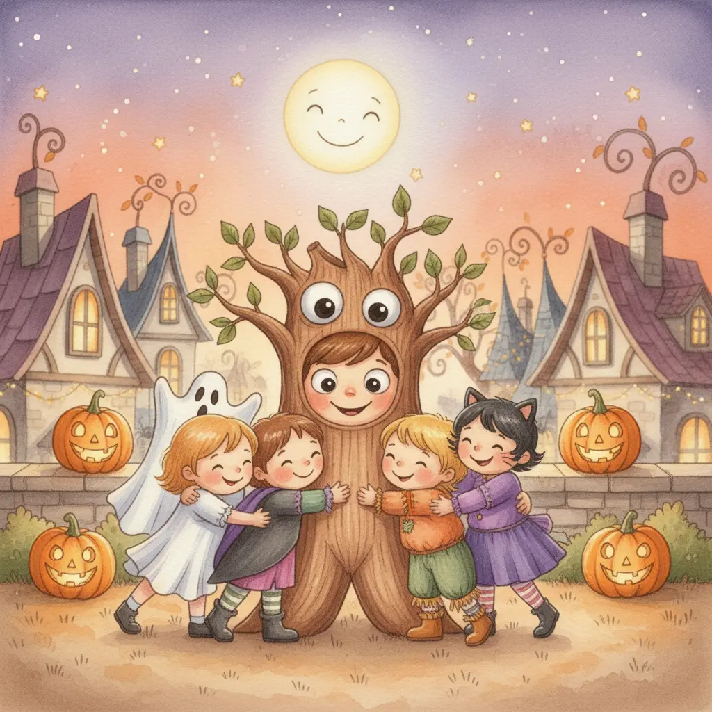 Peluchín, el monstruo peludo disfrazado de árbol, recibe abrazos cálidos y alegres de varios niños bajo la luz de las calabazas.