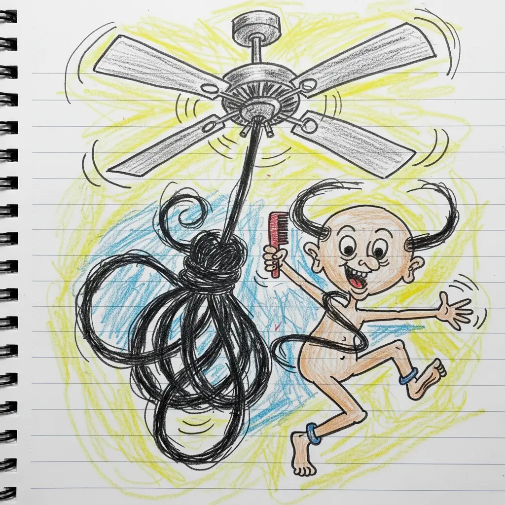 El niño vuela por el aire fuera de su casa con el ventilador y el pelo hecho un nudo.