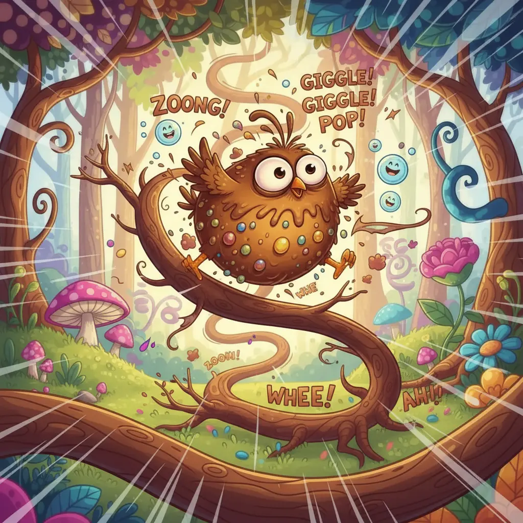 El Pájaro Dramático rebota de rama en rama, impulsado por las risitas de las burbujas.