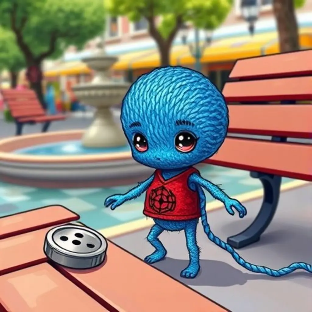 Tapito, un pequeño ser de hilo, mira un botón brillante en la plaza.