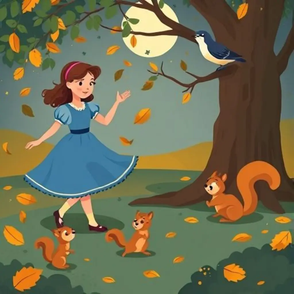 Clara y el ratón bailan con las hojas, mientras las ardillas observan.