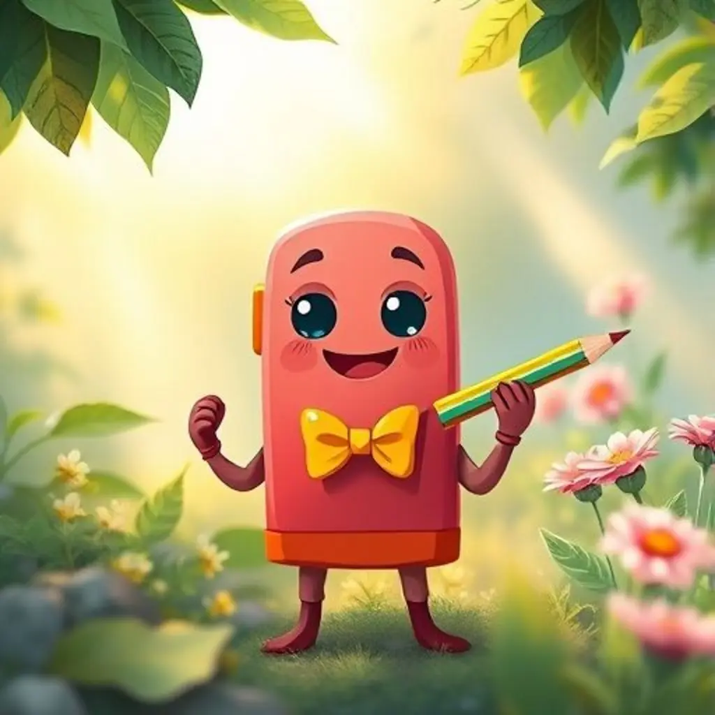 Conito el Sacapuntas, despierto, afilando felizmente un lápiz arcoíris en el huerto.