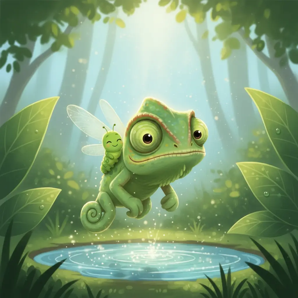 Tintín vuela feliz, ayudando a una oruga a cruzar un charco.