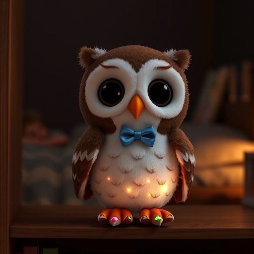 Sabio el búho brillando con luces de colores mientras un niño duerme plácidamente en su cama.