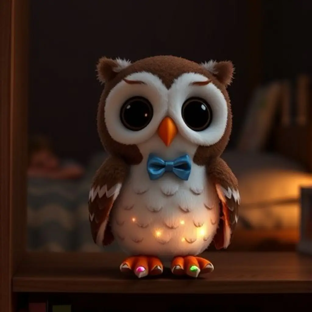 Sabio el búho brillando con luces de colores mientras un niño duerme plácidamente en su cama.