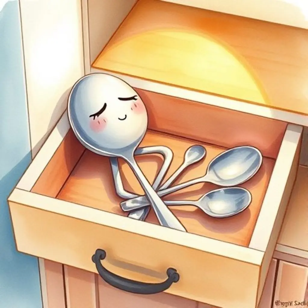 Brillita, la cucharilla, descansa feliz en el cajón después de un día de dibujar con luz.