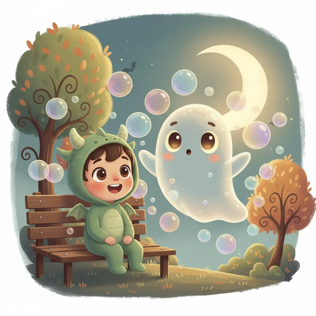 Un niño disfrazado de dragón ríe y juega con las burbujas del fantasma.