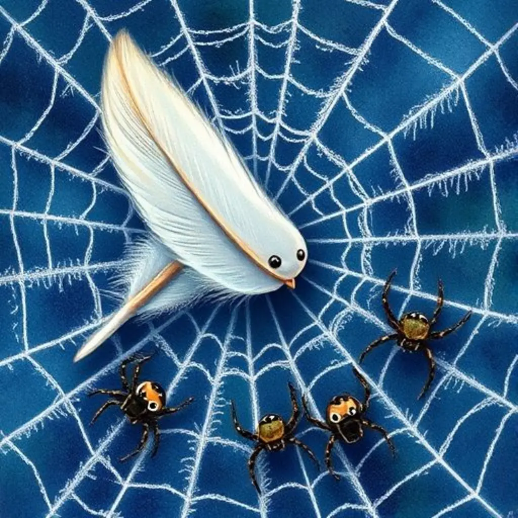 Pluma Suave aterriza suavemente en una telaraña brillante, rodeada de arañitas curiosas.