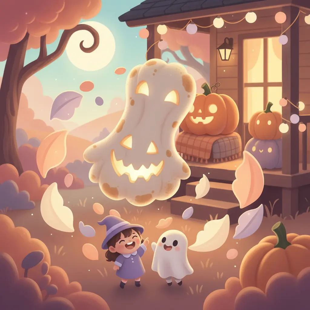 La calabaza con Boo-Blando dentro flota y rebota como una pelota, mientras unos niños disfrazados ríen y la señalan.